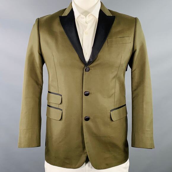 DSQUARED2 42 Olive Green Black Cotton Blend Three Button Peak Lapel Sport Coat